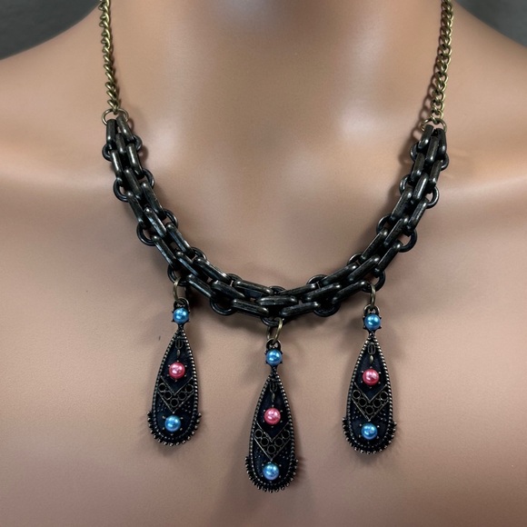 18” Antique Gold Chain Necklace with Pink and Blue Accents - Picture 3 of 5